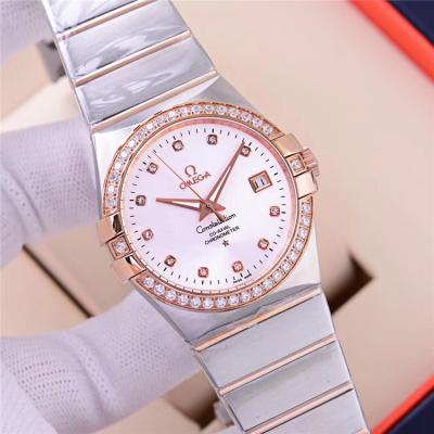 Replica Constellation A21j Automatic Movement Mens Watch White Dial Diamonds Case Two Tone Rose Gold B E112