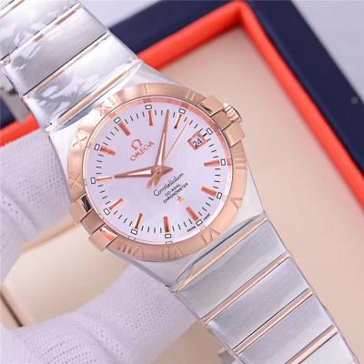 Replica Constellation A21j Automatic Movement Mens Watch White Dial Diamonds Case Two Tone Rose Gold B E112