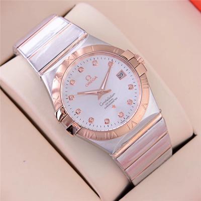 Replica Constellation A21j Automatic Movement Mens Watch White Dial Diamonds Case Two Tone Rose Gold B E112