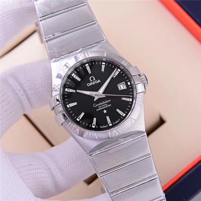 Replica Constellation A21j Automatic Movement Mens Watch Black Dial Diamonds Case Stainless Steel C E112