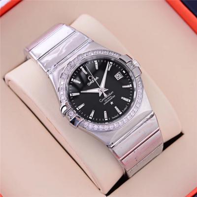 Replica Constellation A21j Automatic Movement Mens Watch Black Dial Diamonds Case Stainless Steel C E112