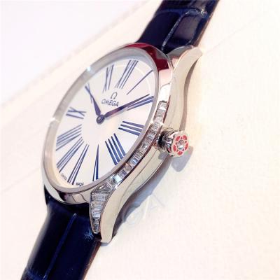 Replica De Ville Swiss Quartz Movement Womens Watch White Dial Diamonds Case Leather Strap B E132