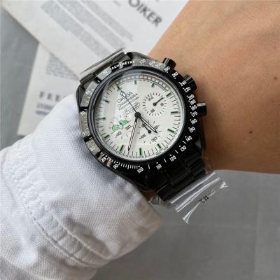 Replica Speedmaster Japan Quartz Chronograph Movement Mens Watch White Dial PVD Steel E161