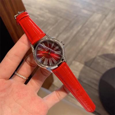 Replica De Ville Swiss Quartz Movement Womens Watch Red Dial Diamonds Case Leather Strap E162