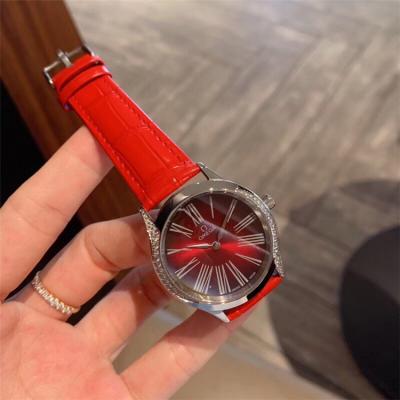 Replica De Ville Swiss Quartz Movement Womens Watch Red Dial Diamonds Case Leather Strap E162