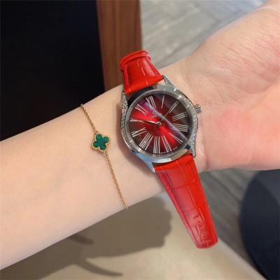 Replica De Ville Swiss Quartz Movement Womens Watch Red Dial Diamonds Case Leather Strap E162