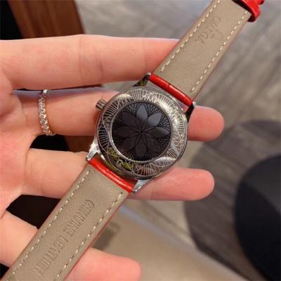 Replica De Ville Swiss Quartz Movement Womens Watch Red Dial Diamonds Case Leather Strap E162