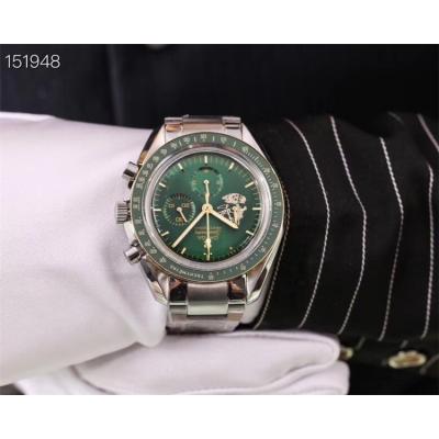 Replica Speedmaster Japan VK Quartz Chronograph Movement Mens Watch Green Dial Stainless Steel A E174