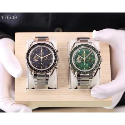 Replica Speedmaster Japan VK Quartz Chronograph Movement Mens Watch Green Dial Stainless Steel A E174