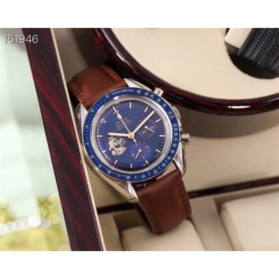 Replica Speedmaster Japan VK Quartz Chronograph Movement Mens Watch Blue Dial Leather Strap B E174