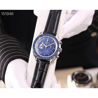 Replica Speedmaster Japan VK Quartz Chronograph Movement Mens Watch Blue Dial Leather Strap B E174