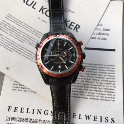 Replica Seamaster Japan Quartz Chronograph Movement Mens Watch Black Dial Leather Strap B E181