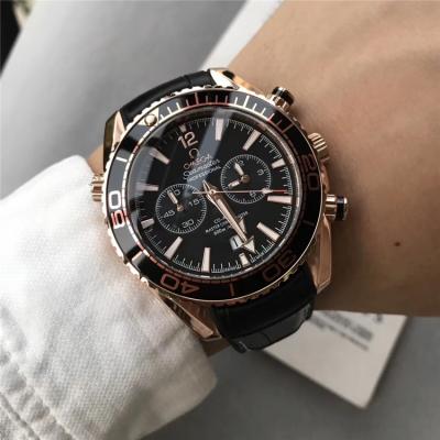 Replica Seamaster Japan Quartz Chronograph Movement Mens Watch Black Dial Leather Strap B E181