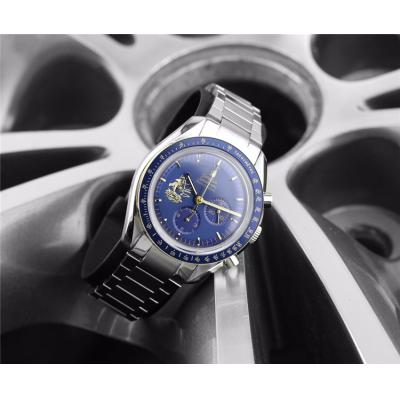 Replica Speedmaster Japan VK Quartz Chronograph Movement Mens Watch Blue Dial Stainless Steel E206