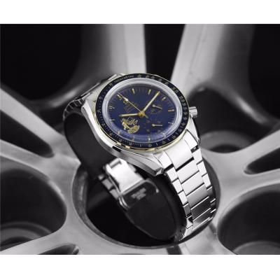 Replica Speedmaster Japan VK Quartz Chronograph Movement Mens Watch Blue Dial Stainless Steel E206