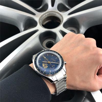 Replica Speedmaster Japan VK Quartz Chronograph Movement Mens Watch Blue Dial Stainless Steel E206