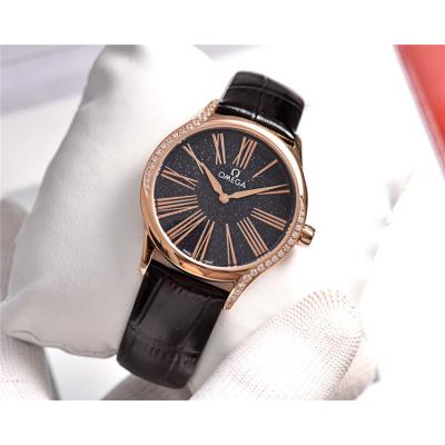 Replica De Ville Swiss Quartz Movement Womens Watch Starry Sky Dial Diamonds Case Leather Strap E269