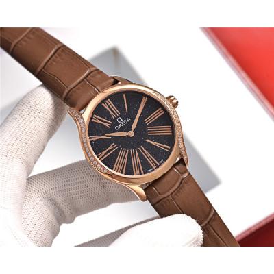 Replica De Ville Swiss Quartz Movement Womens Watch Starry Sky Dial Diamonds Case Leather Strap E269