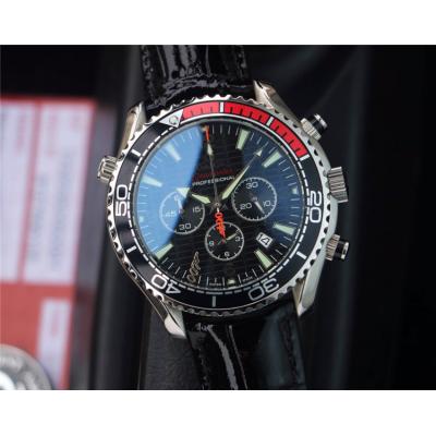 Replica Seamaster Japan OS Quartz Chronograph Movement Mens Watch Black Dial Leather Strap E285