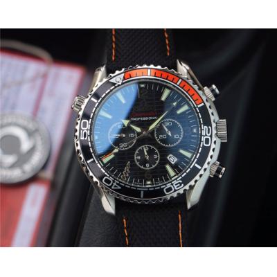 Replica Seamaster Japan OS Quartz Chronograph Movement Mens Watch Black Dial Leather Strap E285