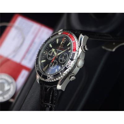 Replica Seamaster Japan OS Quartz Chronograph Movement Mens Watch Black Dial Leather Strap E285