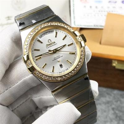 Replica Constellation A21j Automatic Movement Mens Watch Silver Dial Diamonds Case Two Tone Yellow Gold A E356