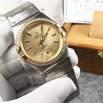 Replica Constellation A21j Automatic Movement Mens Watch Silver Dial Diamonds Case Two Tone Yellow Gold A E356