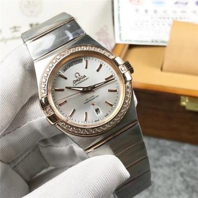 Replica Constellation A21j Automatic Movement Mens Watch Silver Dial Diamonds Case Two Tone Yellow Gold A E356