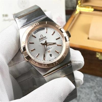 Replica Constellation A21j Automatic Movement Mens Watch Silver Dial Diamonds Case Two Tone Yellow Gold A E356