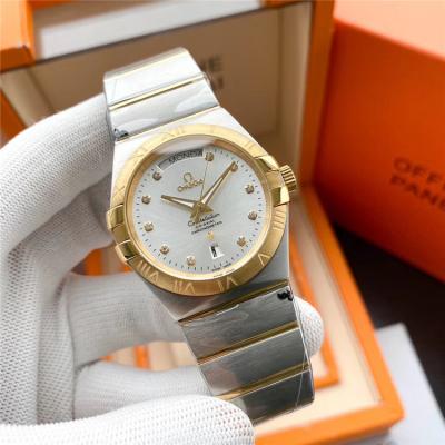 Replica Constellation A21j Automatic Movement Mens Watch Gold Dial Two Tone Yellow Gold A E373