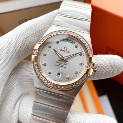 Replica Constellation A21j Automatic Movement Mens Watch Silver Dial Diamonds Case Two Tone Rose Gold B E373