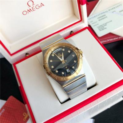 Replica Constellation Japan Miyota 8215 Automatic Mens Watch Black Dial Diamonds Case Two Tone Yellow Gold F E379