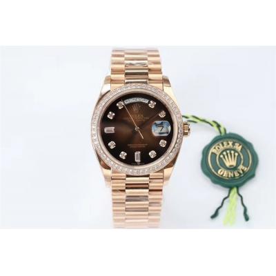 EWF DayDate 36 128348 A2836 Automatic Mens Watch RG Diamond Bezel Dark Brown Dial SS President Bracelet Best Edition