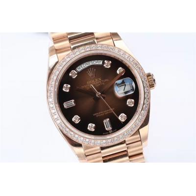 EWF DayDate 36 128348 A2836 Automatic Mens Watch RG Diamond Bezel Dark Brown Dial SS President Bracelet Best Edition