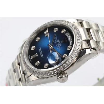 EWF DayDate 36 128349 A2836 Automatic Mens Watch  Diamond Bezel Blue Dial SS President Bracelet Best Edition