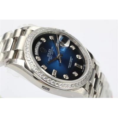 EWF DayDate 36 128349 A2836 Automatic Mens Watch  Diamond Bezel Blue Dial SS President Bracelet Best Edition