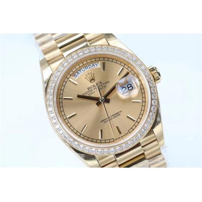 EWF DayDate 36 128348 A2836 Automatic Mens Watch YG Diamond Bezel Gold Stick Dial President Bracelet Best Edition