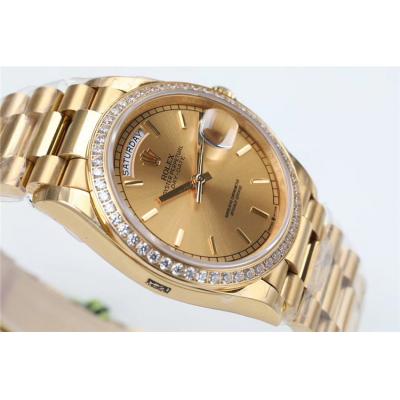 EWF DayDate 36 128348 A2836 Automatic Mens Watch YG Diamond Bezel Gold Stick Dial President Bracelet Best Edition