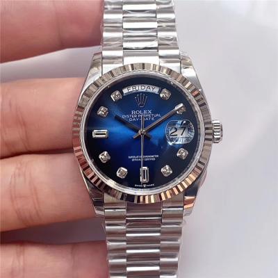 EWF DayDate 36 128349 A2836 Automatic Mens Watch Fluted Bezel Blue Diamond Dial President Bracelet Best Edition