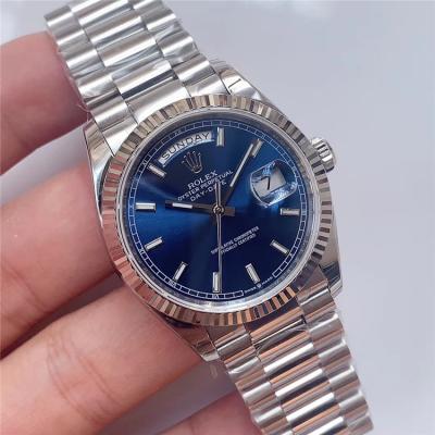 EWF DayDate 36 128349 A2836 Automatic Mens Watch Fluted Bezel Blue Stick Dial President Bracelet Best Edition