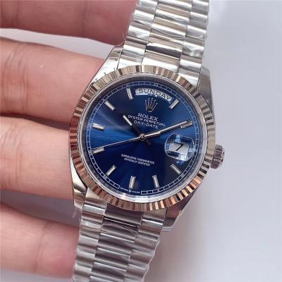 EWF DayDate 36 128349 A2836 Automatic Mens Watch Fluted Bezel Blue Stick Dial President Bracelet Best Edition