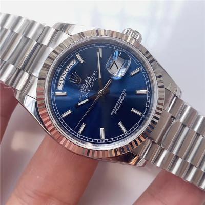 EWF DayDate 36 128349 A2836 Automatic Mens Watch Fluted Bezel Blue Stick Dial President Bracelet Best Edition