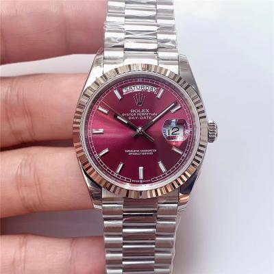 EWF DayDate 36 128349 A2836 Automatic Mens Watch Fluted Bezel Cherry Red Stick Dial President Bracelet Best Edition