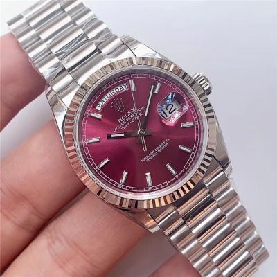 EWF DayDate 36 128349 A2836 Automatic Mens Watch Fluted Bezel Cherry Red Stick Dial President Bracelet Best Edition