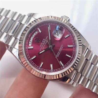 EWF DayDate 36 128349 A2836 Automatic Mens Watch Fluted Bezel Cherry Red Stick Dial President Bracelet Best Edition