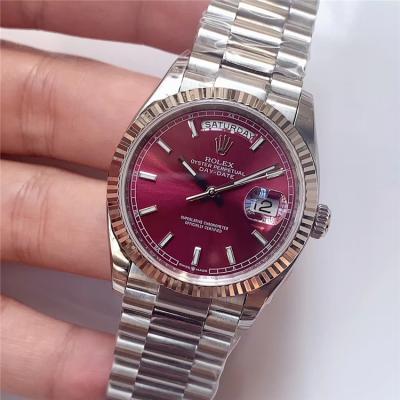 EWF DayDate 36 128349 A2836 Automatic Mens Watch Fluted Bezel Cherry Red Stick Dial President Bracelet Best Edition