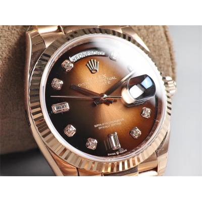 EWF DayDate 36 128349 A2836 Automatic Mens Watch RG Fluted Bezel Brown Diamond Dial President Bracelet Best Edition