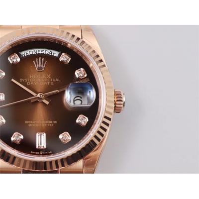 EWF DayDate 36 128349 A2836 Automatic Mens Watch RG Fluted Bezel Brown Diamond Dial President Bracelet Best Edition