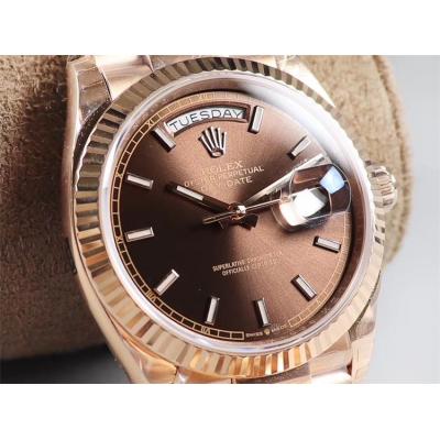 EWF DayDate 36 128349 A2836 Automatic Mens Watch RG Fluted Bezel Brown Stick Dial President Bracelet Best Edition