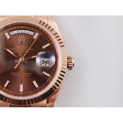 EWF DayDate 36 128349 A2836 Automatic Mens Watch RG Fluted Bezel Brown Stick Dial President Bracelet Best Edition